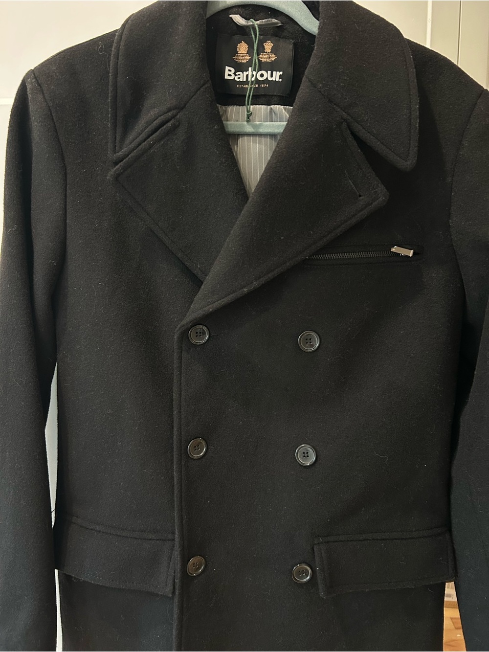 Barbour Black Pea Coat 50/50 wool blend
